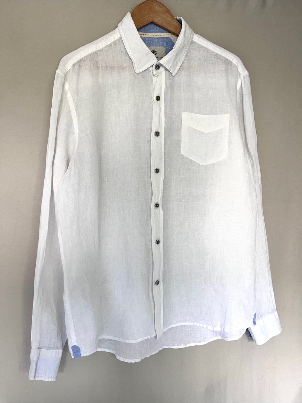Report Collection Men’s L White 100% Linen Button Down Shirt Blue Chambray Trim